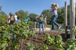 Het Buitenlokaal - Natuureducatie - Kind dat springt in een groene omgeving.